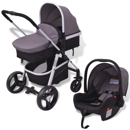 vidaXL 3-in-1 Lastenvaunut alumiini Harmaa ja musta